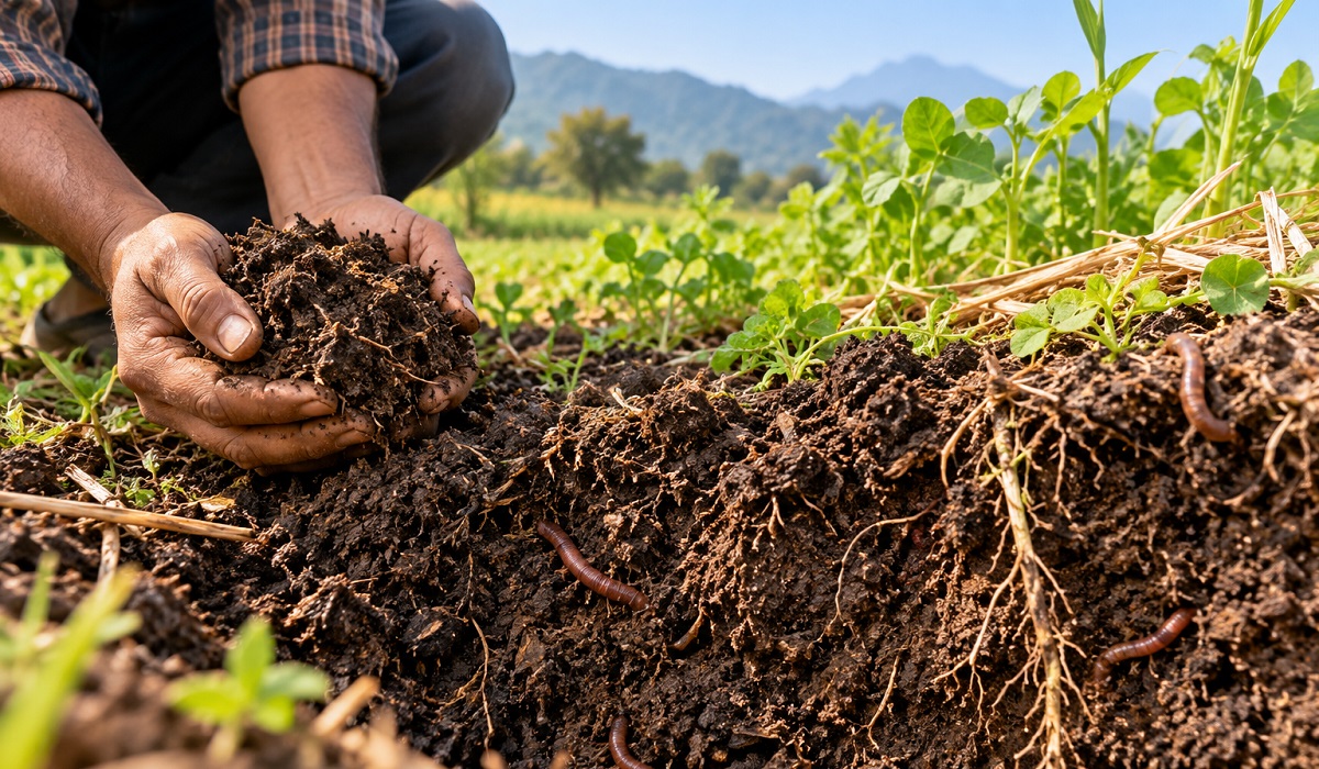 Farmer examining crumbly soil with visible roots, organic matter and earthworms in a growing field.