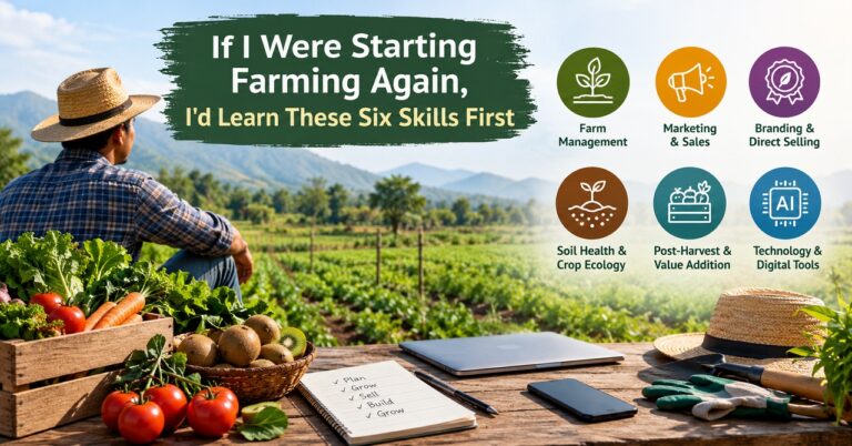 Fresh produce and farming tools representing the skills needed to build a successful farm business