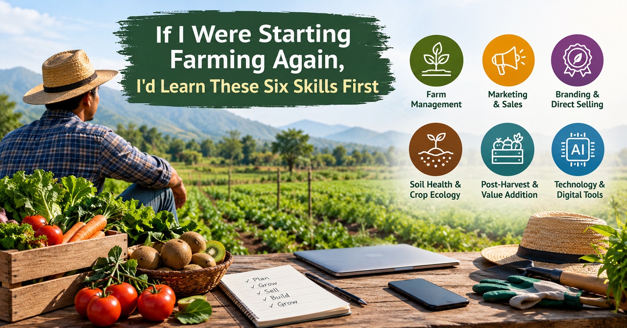 Fresh produce and farming tools representing the skills needed to build a successful farm business